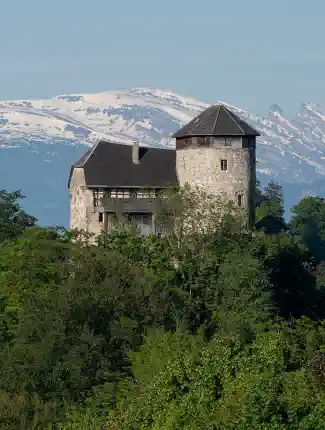 Castillo en una colina de los Alpes austríacos, cerca de Suiza, con vistas panorámicas